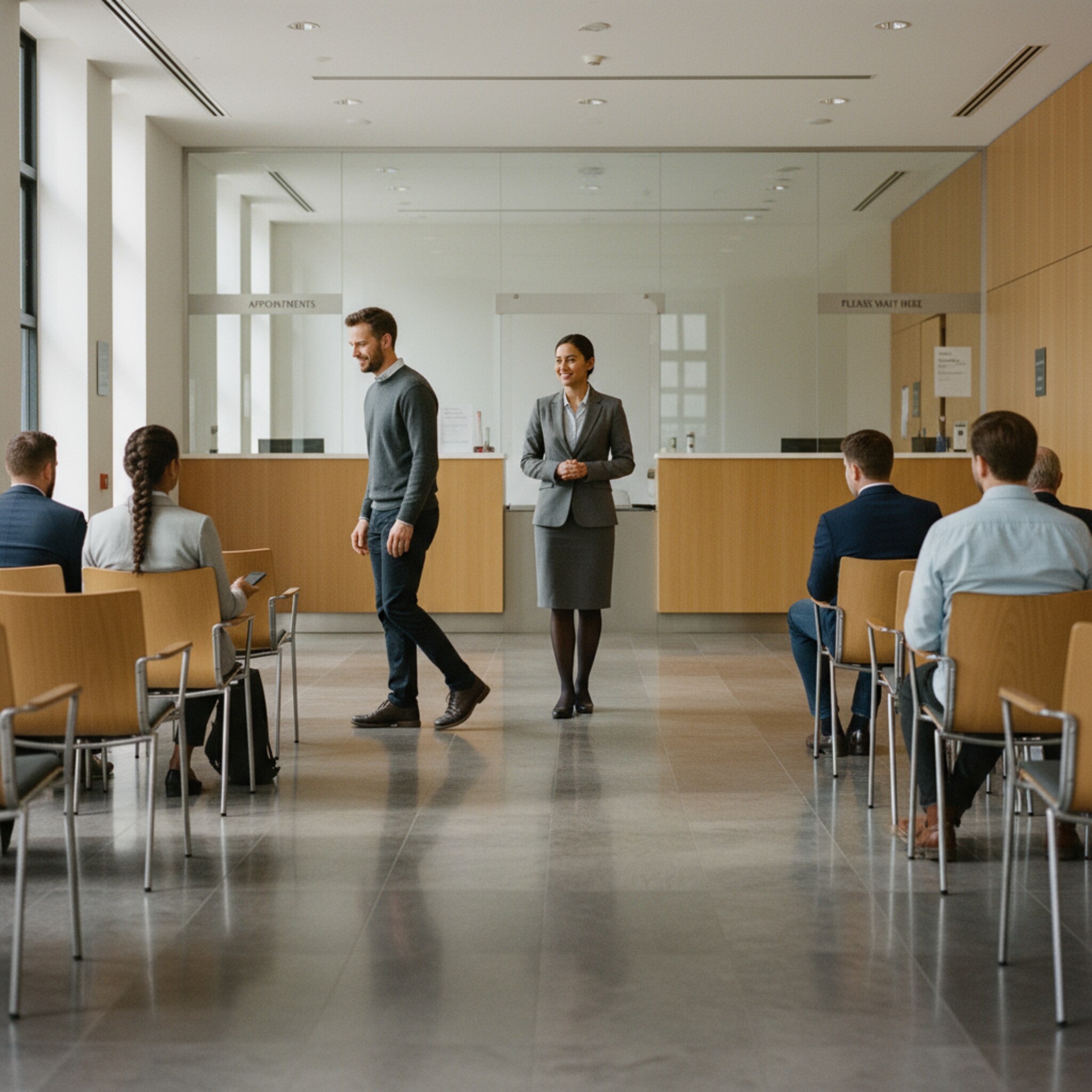 Ein ruhiger Wartebereich mit geordneten Sitzreihen. Ein Frontdesk-Mitarbeiter tritt aus dem Schalterbereich und bittet die nächste Person mit einer freundlichen Handbewegung hinein. Menschen erheben sich nacheinander, die Bewegung bleibt fließend. Die Szene vermittelt Transparenz, Verbindlichkeit und respektvolle Abläufe.