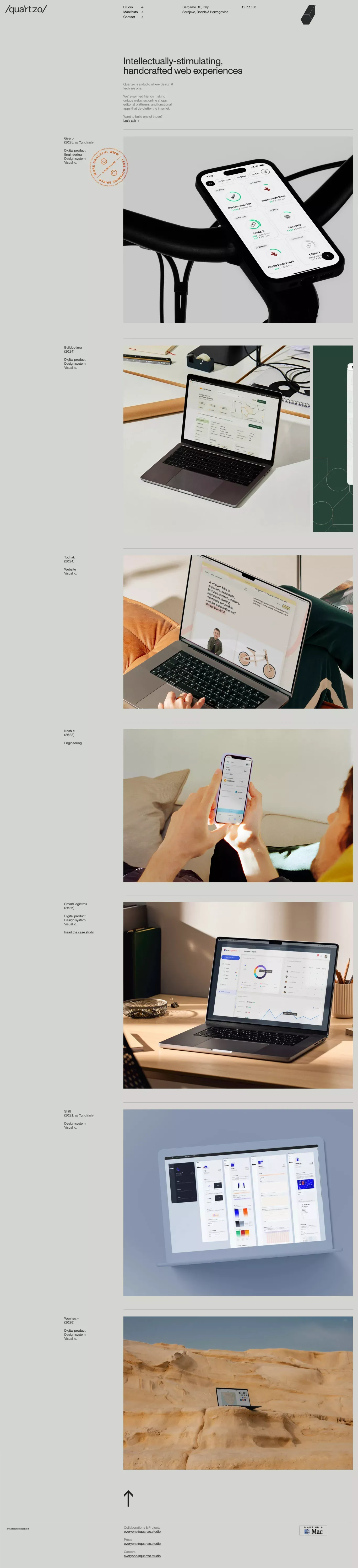 /qua'rt:zo/ ☺︎ quartzo studio portfolio page screenshot showcasing Design and Tech design