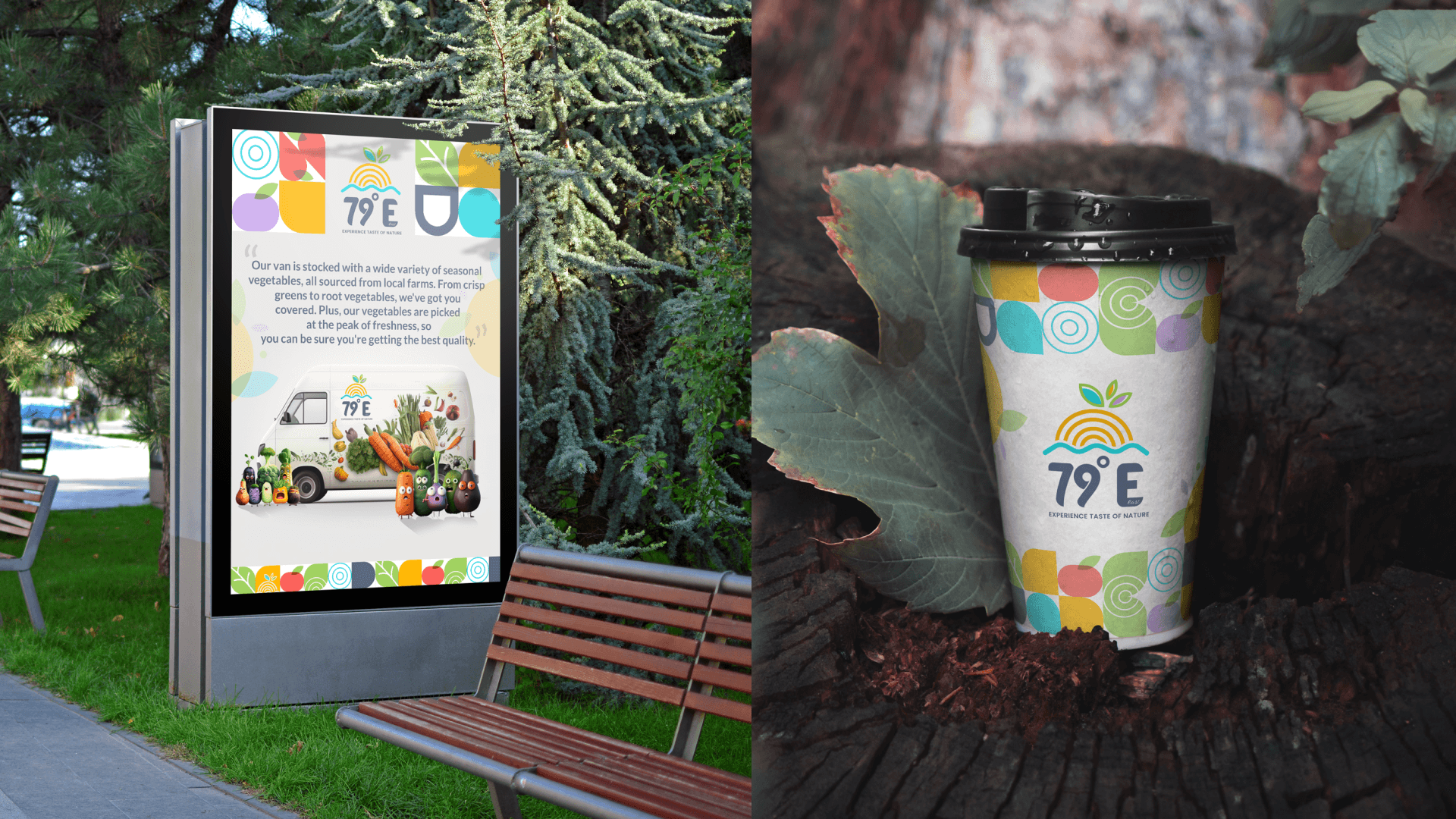 79E brand identity on outdoor billboard and branded cup — Penguincil Design