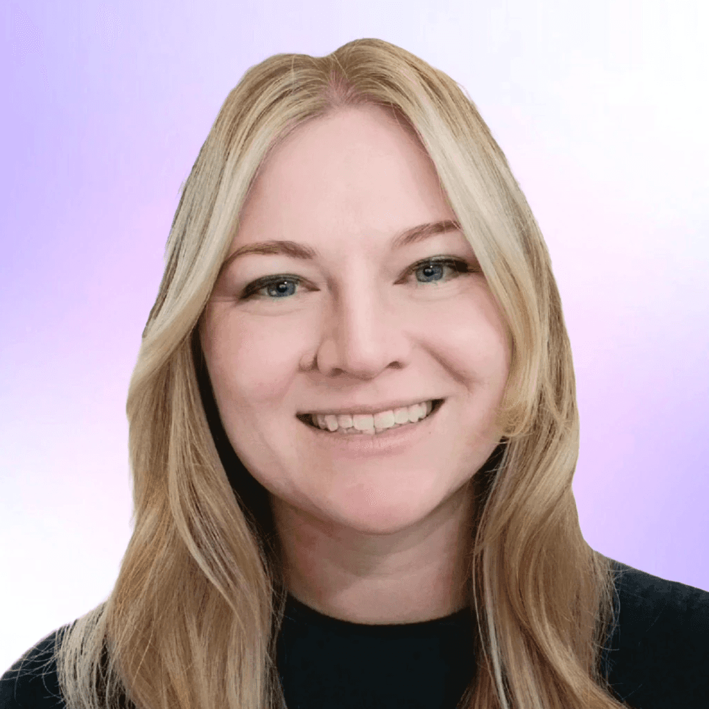 Woman with blonde hair smiling against purple gradient background.