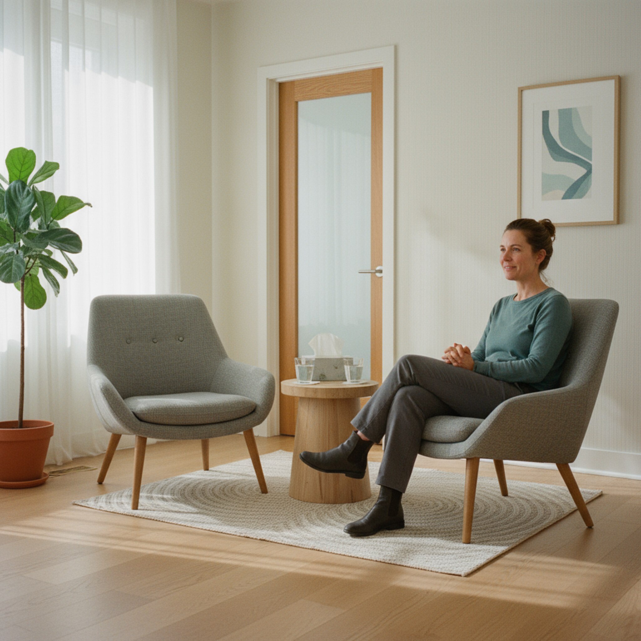 Ein diskret eingerichteter Beratungsraum mit weichem Licht. Zwei Stühle stehen einander zugewandt, dazwischen ein kleiner Tisch mit Wasserglas und Taschentüchern. Die halb geschlossene Tür vermittelt Vertraulichkeit. Neutrale Farben und klare Linien schaffen eine respektvolle, ruhige Atmosphäre ohne sichtbare Ablenkungen.