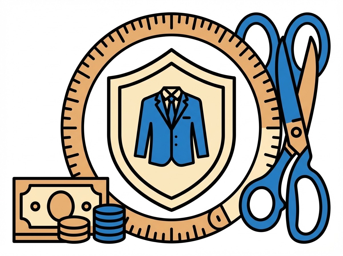 Grafik: Euro-Stapel, gesichertes Schild und Pfeil nach unten symbolisieren Kostensenkung durch Sicherheit.