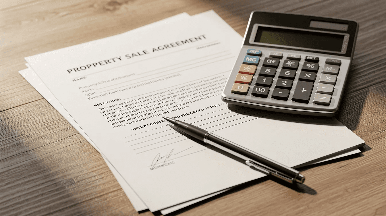 A calculator and pen are placed on top of property sale documents on a wooden desk, suggesting a focus on financial considerations such as capital gains tax and depreciation recapture for property owners. The scene implies careful planning and calculations related to selling investment property and understanding tax liabilities.