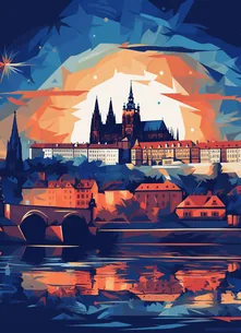 A geometric, abstract depiction of Prague's skyline with the iconic Charles Bridge and castle, illuminated by a firework, signifying Story Inventory's capability to share your product's story in Czech within the Czech Republic.