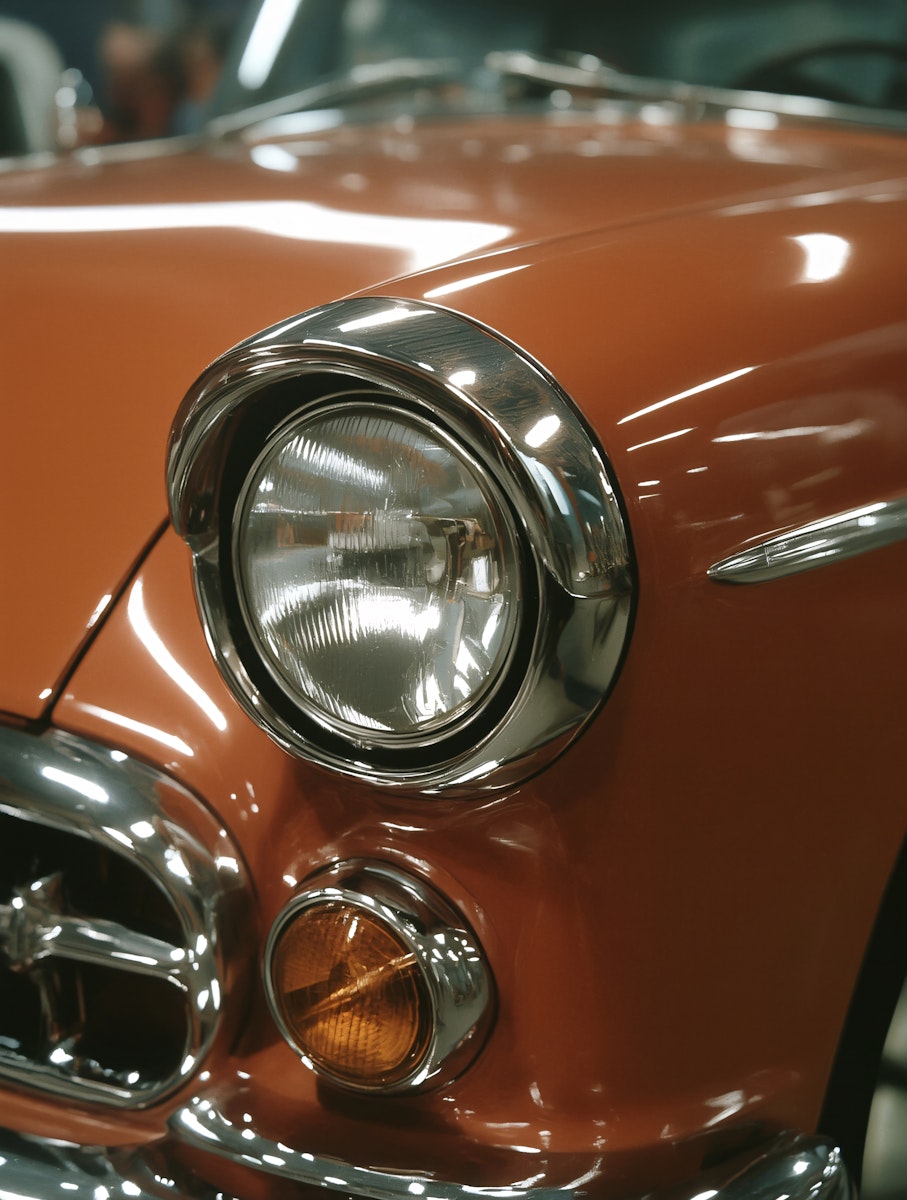 Close-up of a vintage orange car with chrome detailing, showcasing the headlight and front fender.