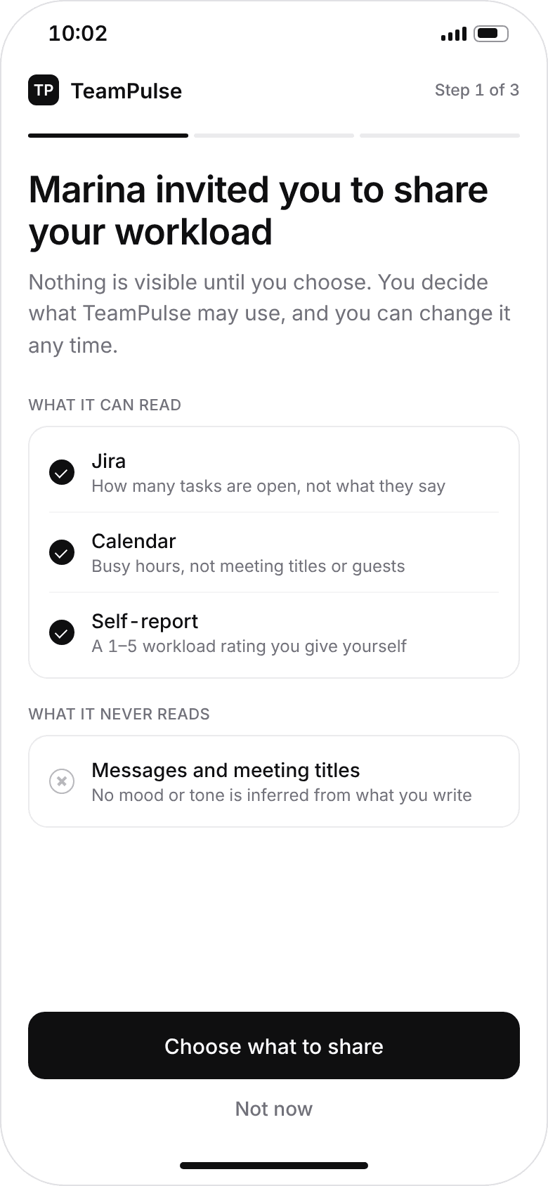 Phone — the invitation listing Jira, Calendar and self-report, and what is never read