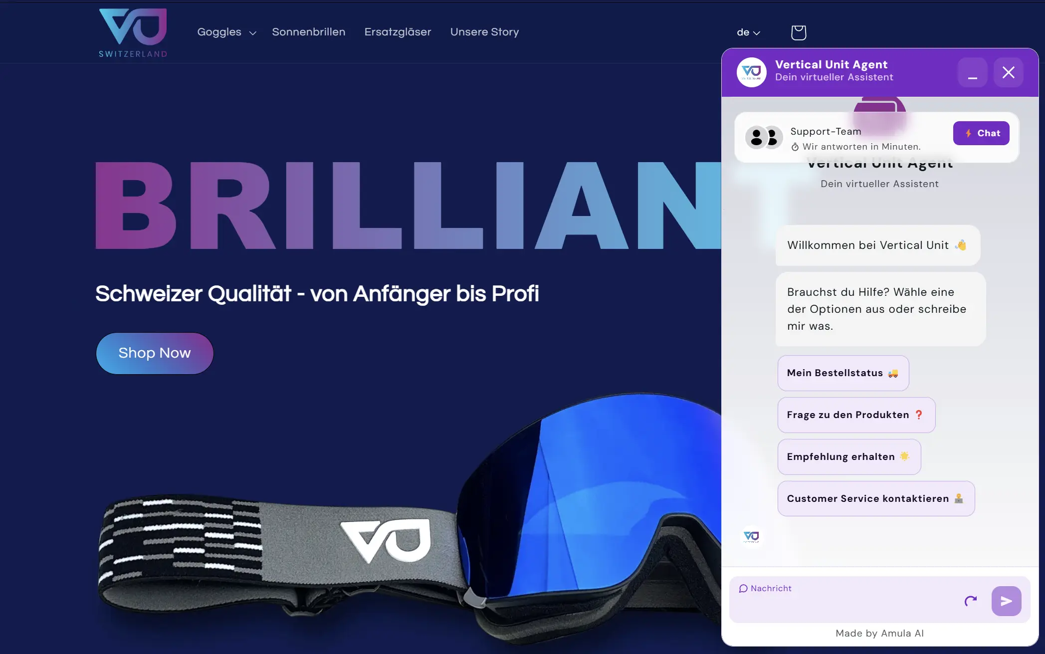 Screenshot of a website titled "Vertical-unit" with a chat window on the right side displaying a conversation.