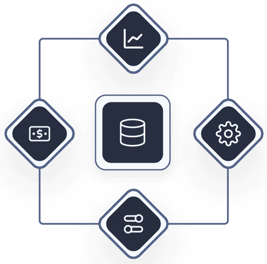 A graphic featuring interconnected diamond-shaped icons with a central database symbol, surrounded by symbols representing a line graph, a gear, a coins stack, and sliders, illustrating data management and analytics concepts.