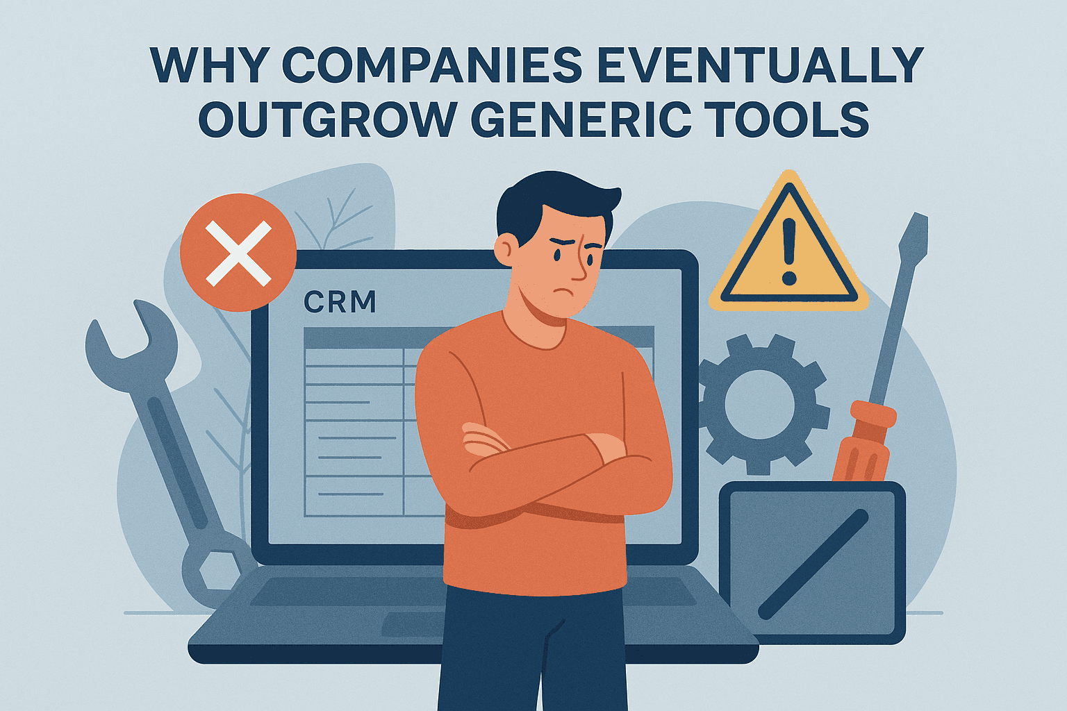 Illustration of a frustrated employee standing in front of outdated generic CRM tools, symbolizing why growing companies eventually outgrow generic software systems.