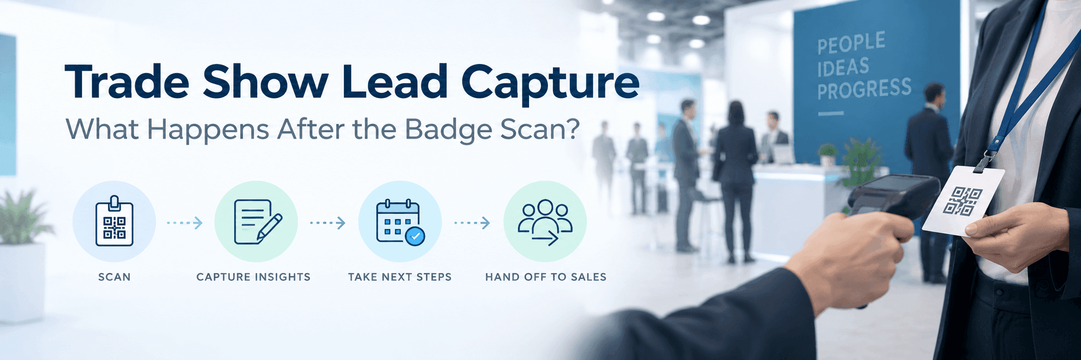 trade show lead capture banner with badge scan, conversation notes, next-step action and sales handoff icons