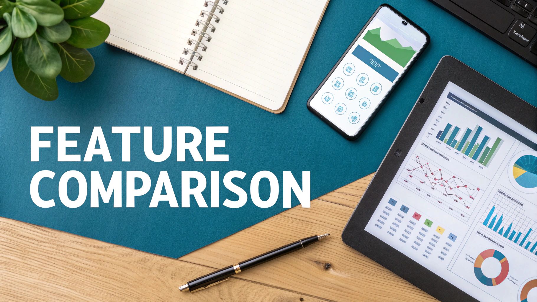 A flat lay shows a smartphone and tablet displaying graphs, a notebook, and a pen with
