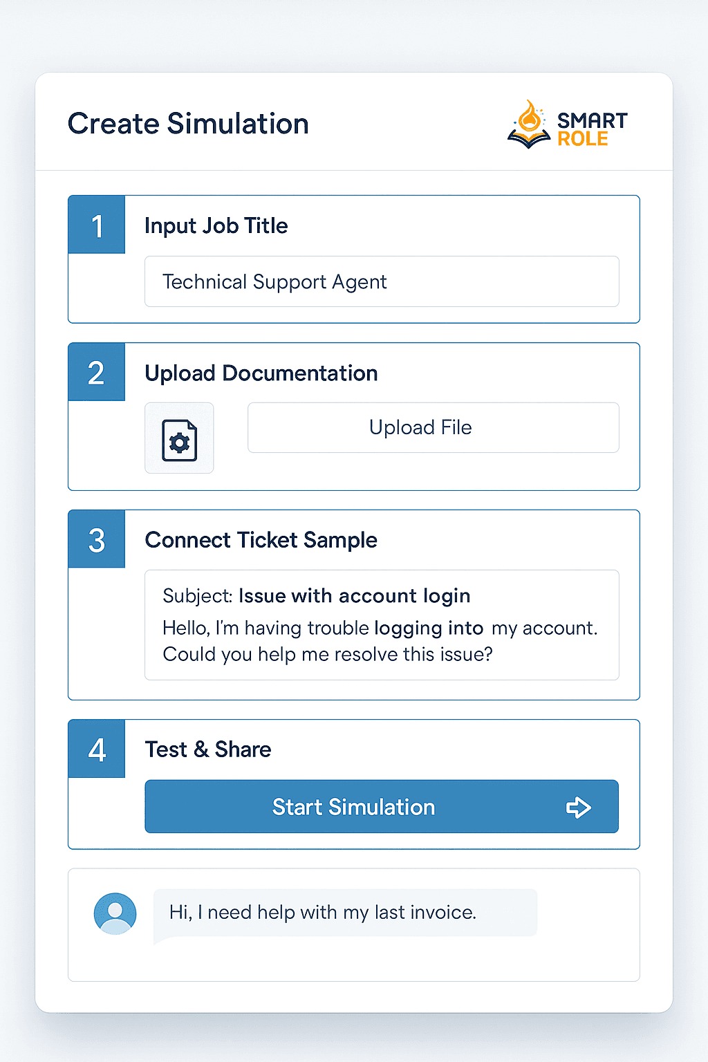 Screenshot of Smart Role’s simulation creation dashboard, showing steps to input job title, upload documentation, connect tickets, and test/share, with a chat simulation preview.