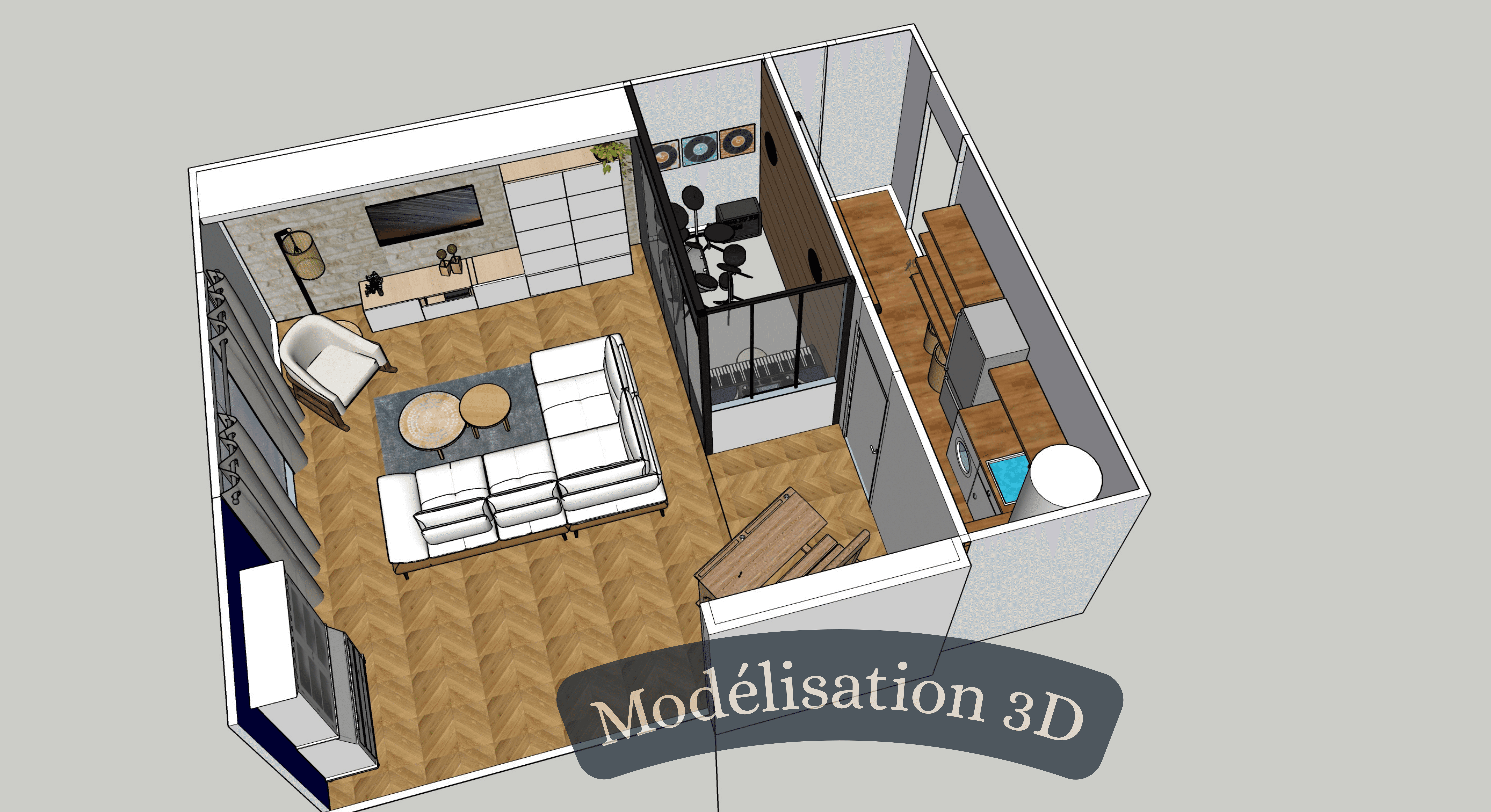 modélisation 3D salon et buanderie