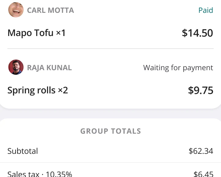 Cart detail: Carl Motta waiting for payment, Raja Kunal paid, then group totals.