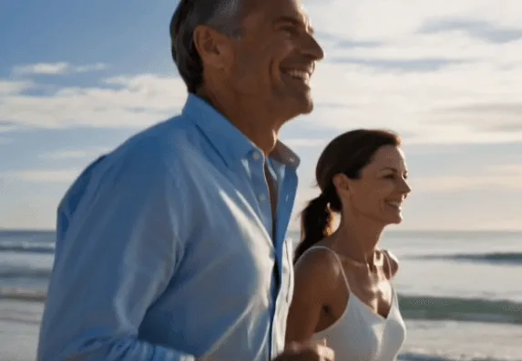 Smiling couple jogging on a beach