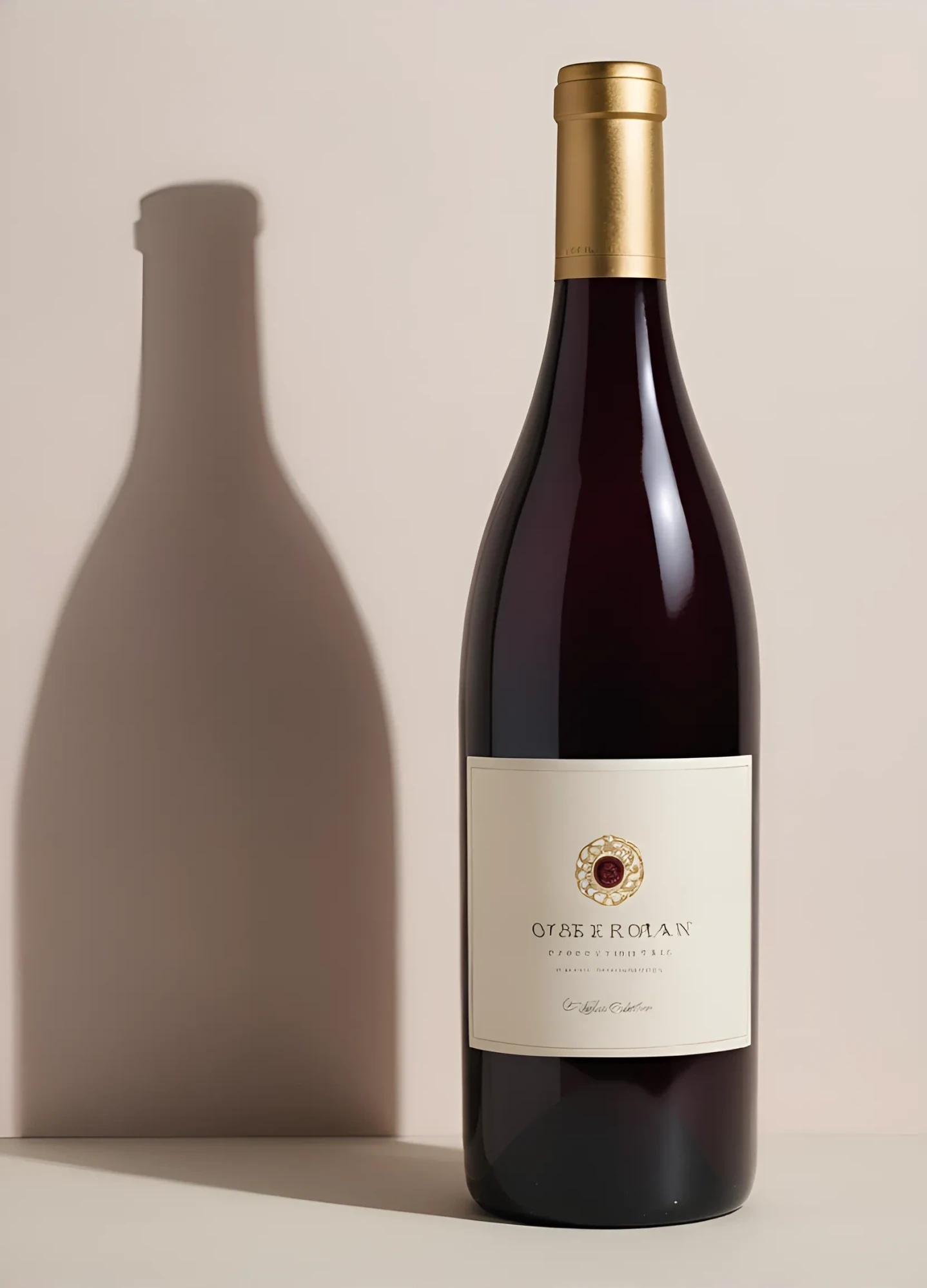 A wine bottle standing alone on a cream-colored background, simple, elegant, and chic.