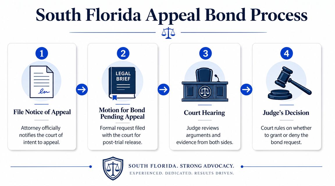 A four-step infographic illustrating the legal process for obtaining an appeal bond in South Florida courts.