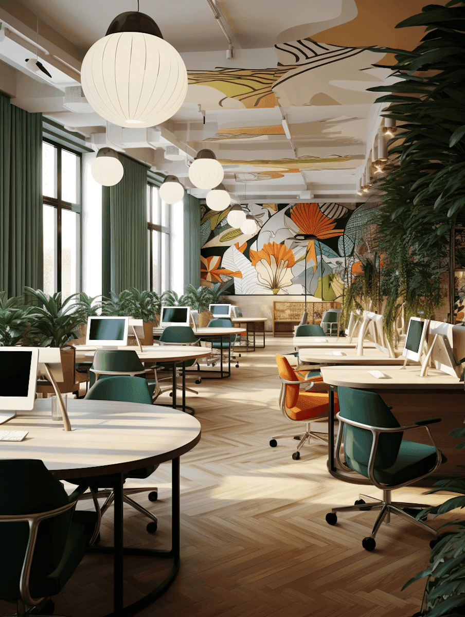 Modern design studio with large windows, work tables, and bold graphic posters displayed on the walls