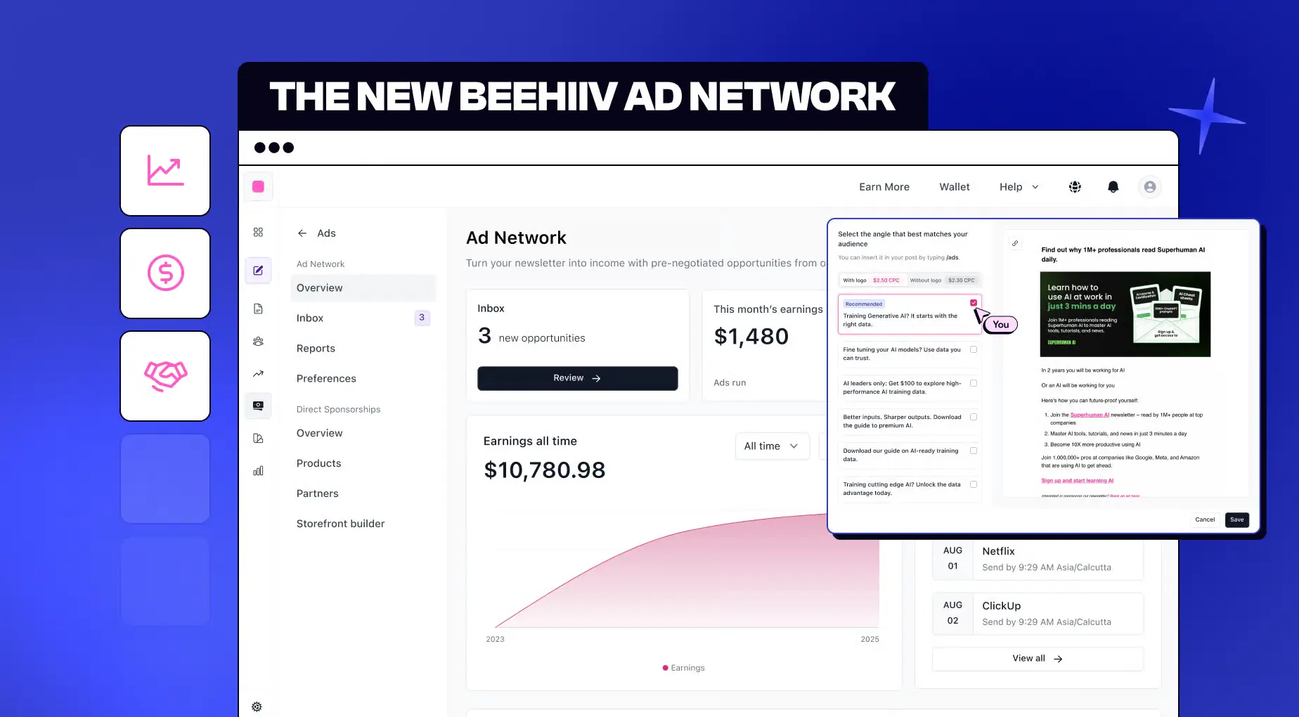 Beehiiv monetization dashboard 2026 showing ad network placements and Boosts earnings