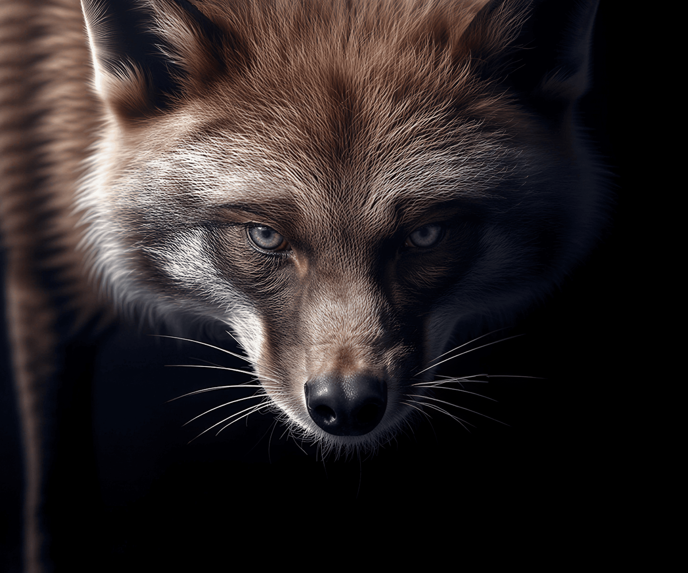 Close-up of a fox face, cinematic dark portrait — AI generated with Lore