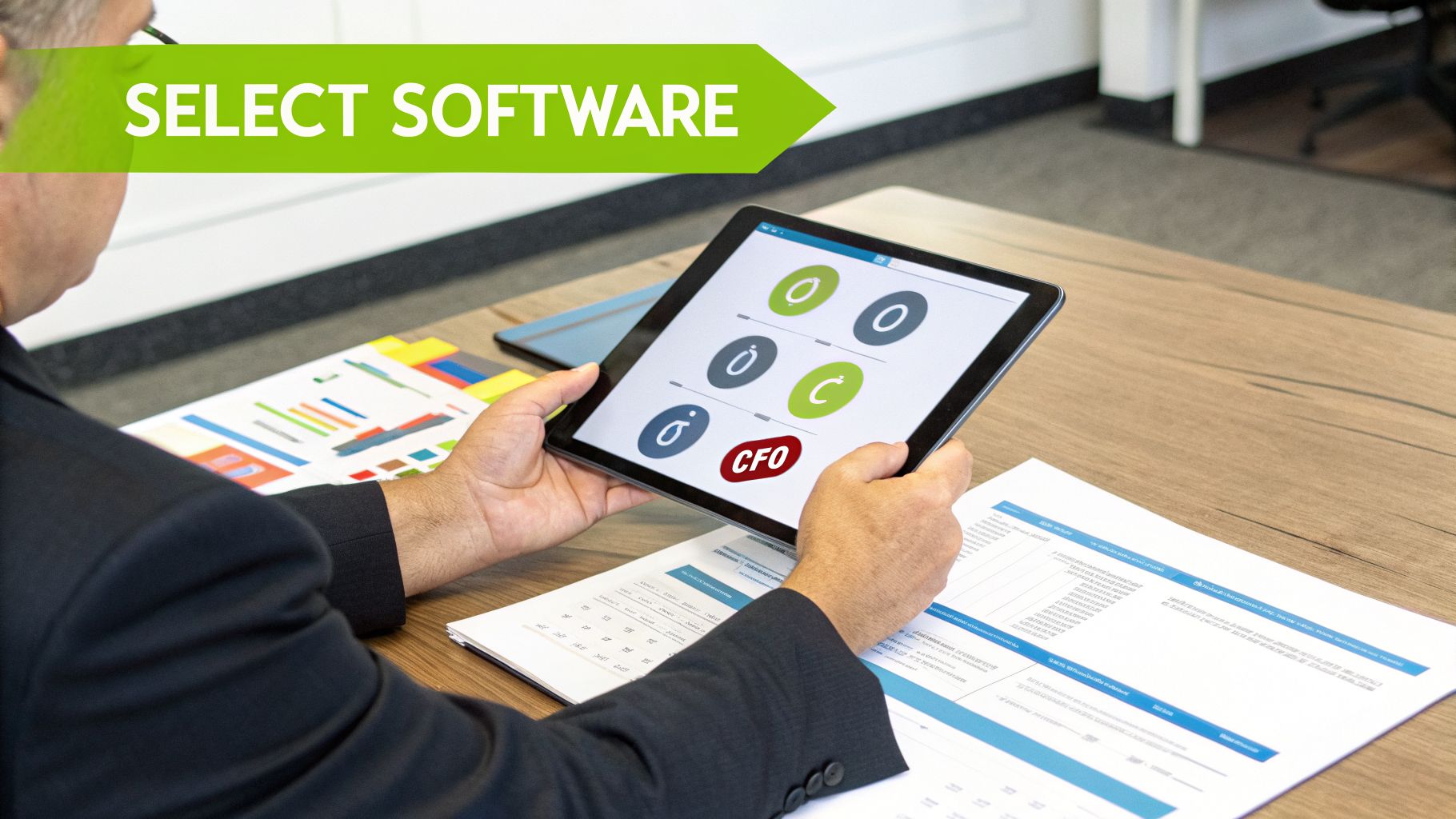 A person reviews software options on a tablet, with 'SELECT SOFTWARE' banner and business documents.