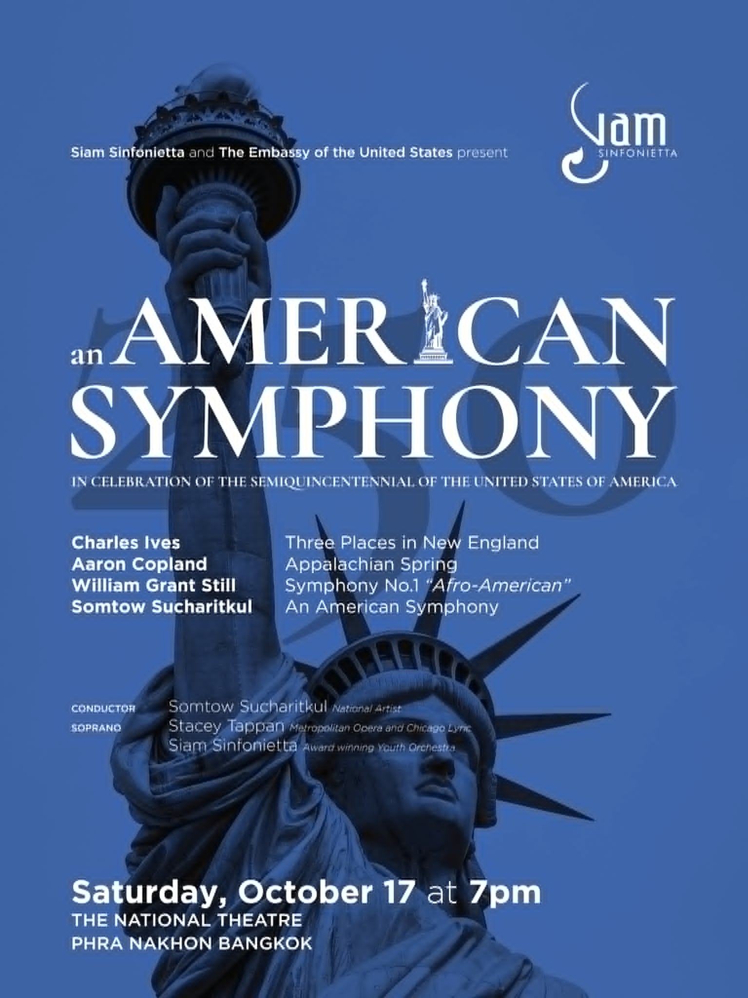 Poster for “An American Symphony” featuring the Statue of Liberty and concert details for Siam Sinfonietta in Bangkok.