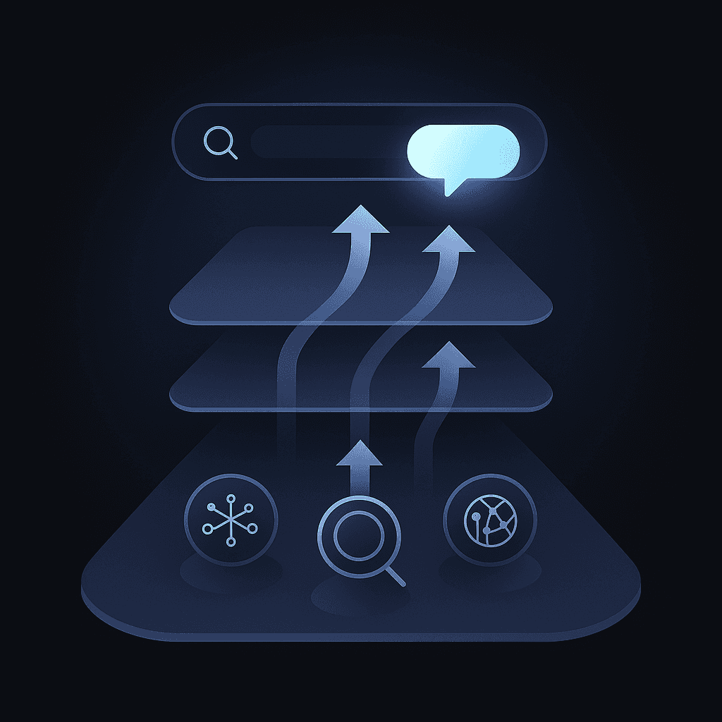 Layered diagram showing AEO optimization and deep research agents feeding validated data to AI answers.