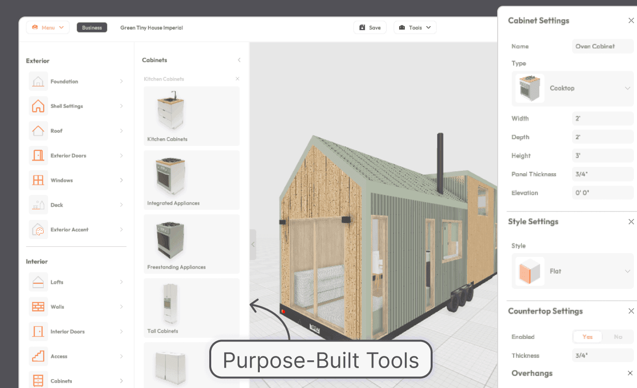 3D Tiny House Designer has purpose-built tools for tiny home builders