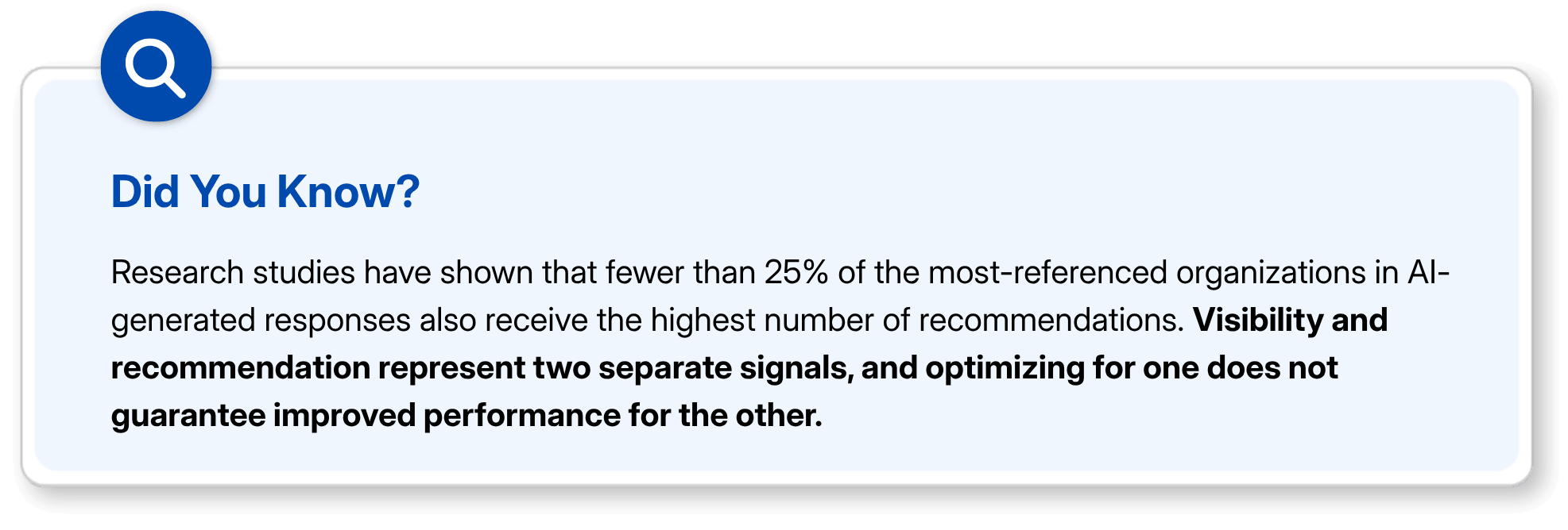 Did You Know callout: fewer than 25% of most-referenced brands in AI responses also receive the highest recommendations