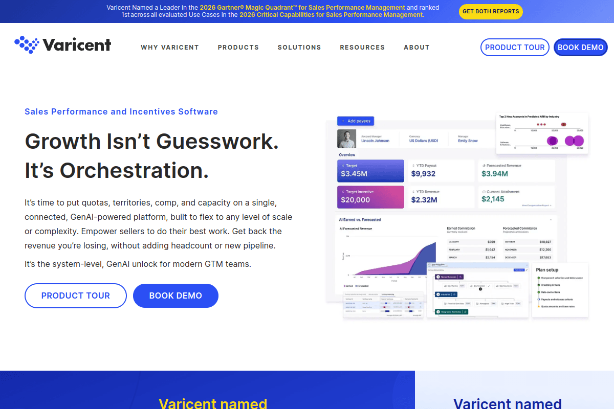 Varicent homepage, enterprise sales performance management suite