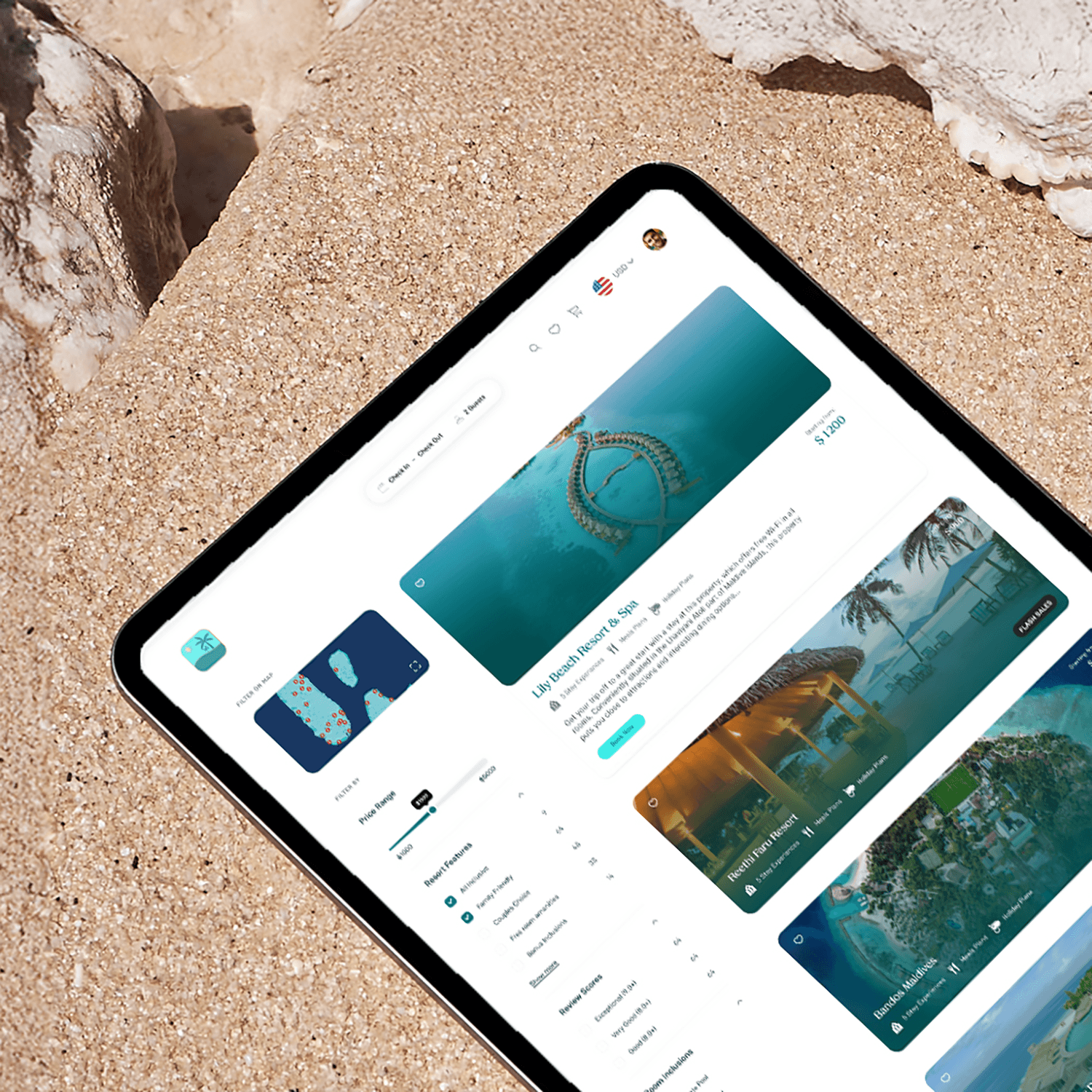 Printed travel itinerary booklet with soft pastels and curated island visuals