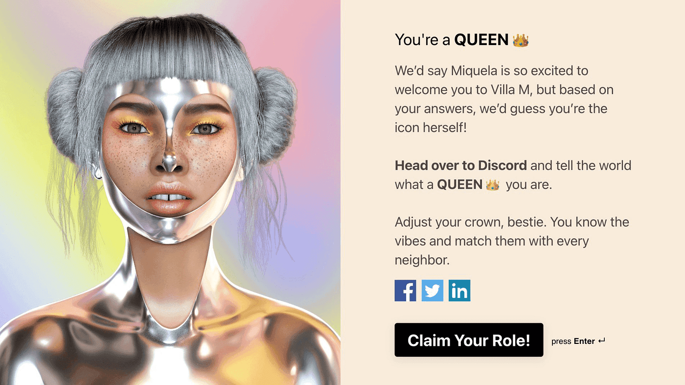 Miquela character experience for Villa M