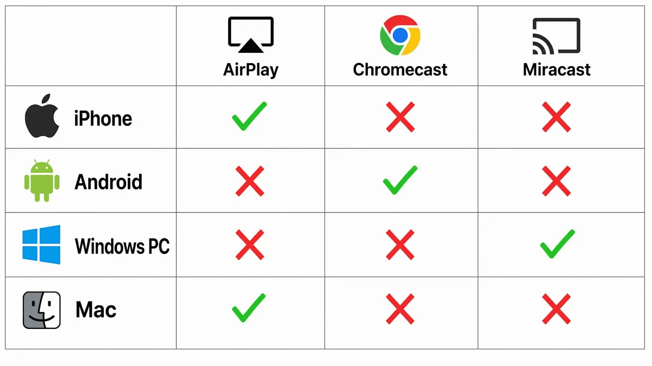 Grid showing checkmarks and X marks for phone-to-TV protocol compatibility: iPhone with AirPlay, Android with Chromecast, Windows with Miracast