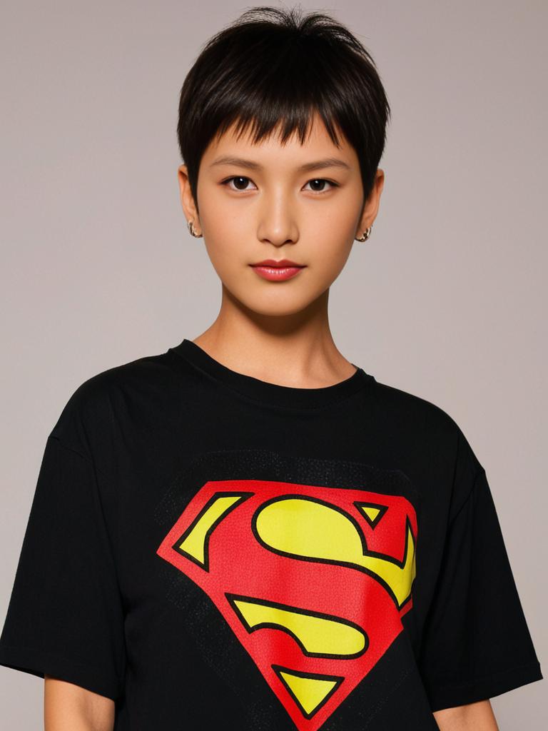 AI generated asian model wearing an oversized superman tshirt