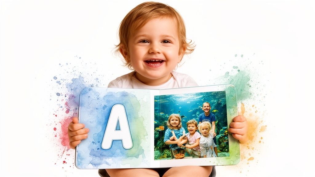 A joyful baby is smiling while holding an open custom alphabet book with pictures.