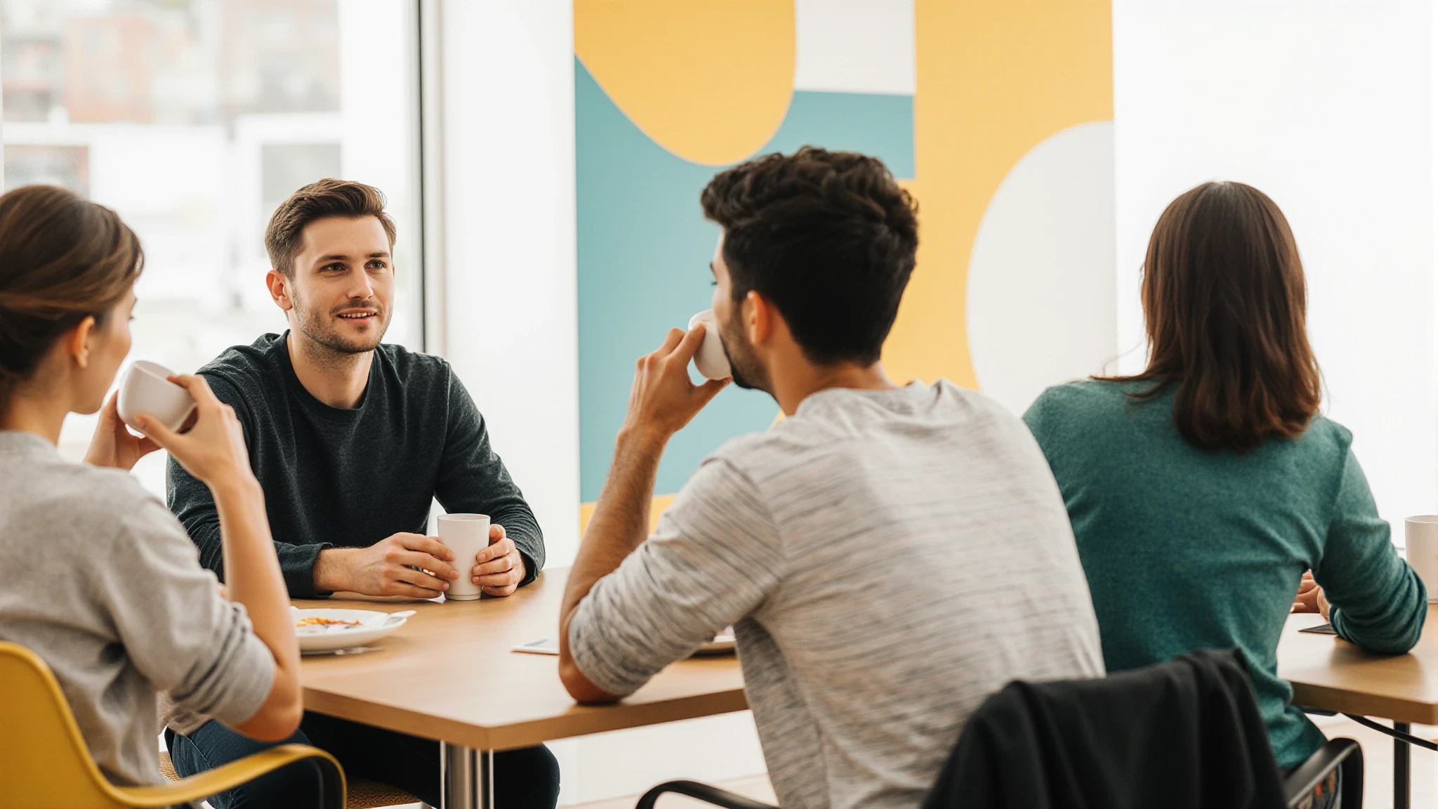 A realistic photography of creative office scene with 2-3 casual people collaborate at the table enjoying the coffee, featuring blurred yellow and teal decor and a relaxed atmosphere.