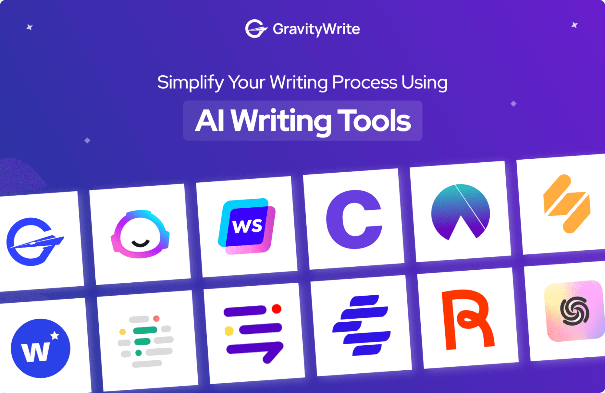 Image of GravityWrite's promotional graphic showcasing various AI writing tools logos to simplify content creation for users and businesses.