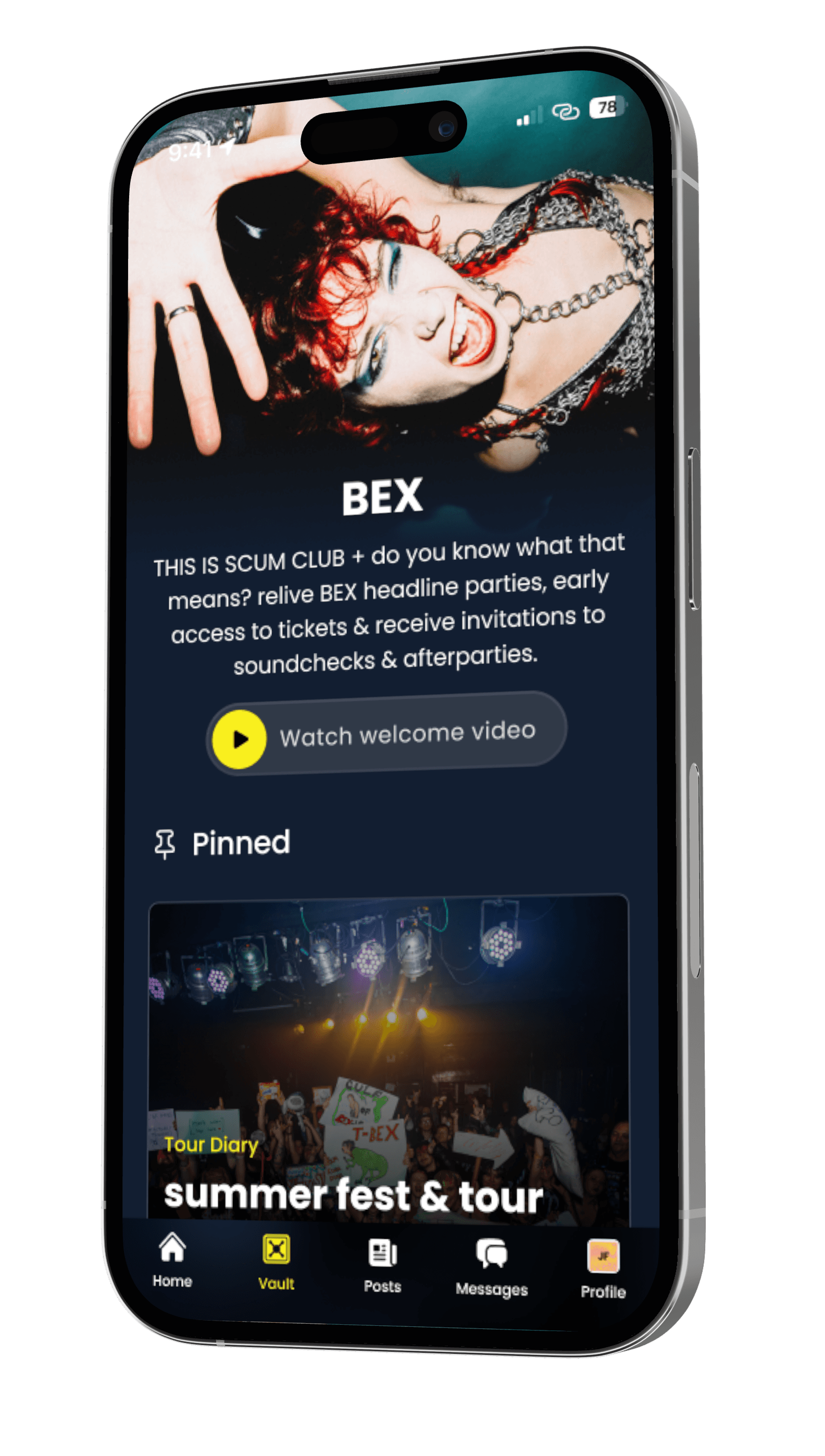 Mobile mockup of the Bex fanclub on Hootenanny