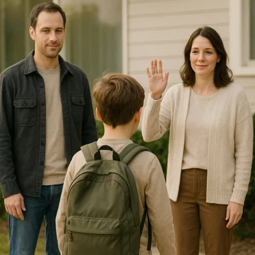 A calm co-parenting scene — a child with a backpack walking toward one parent while the other waves goodbye. Subtle emotional tone, warm and reassuring.