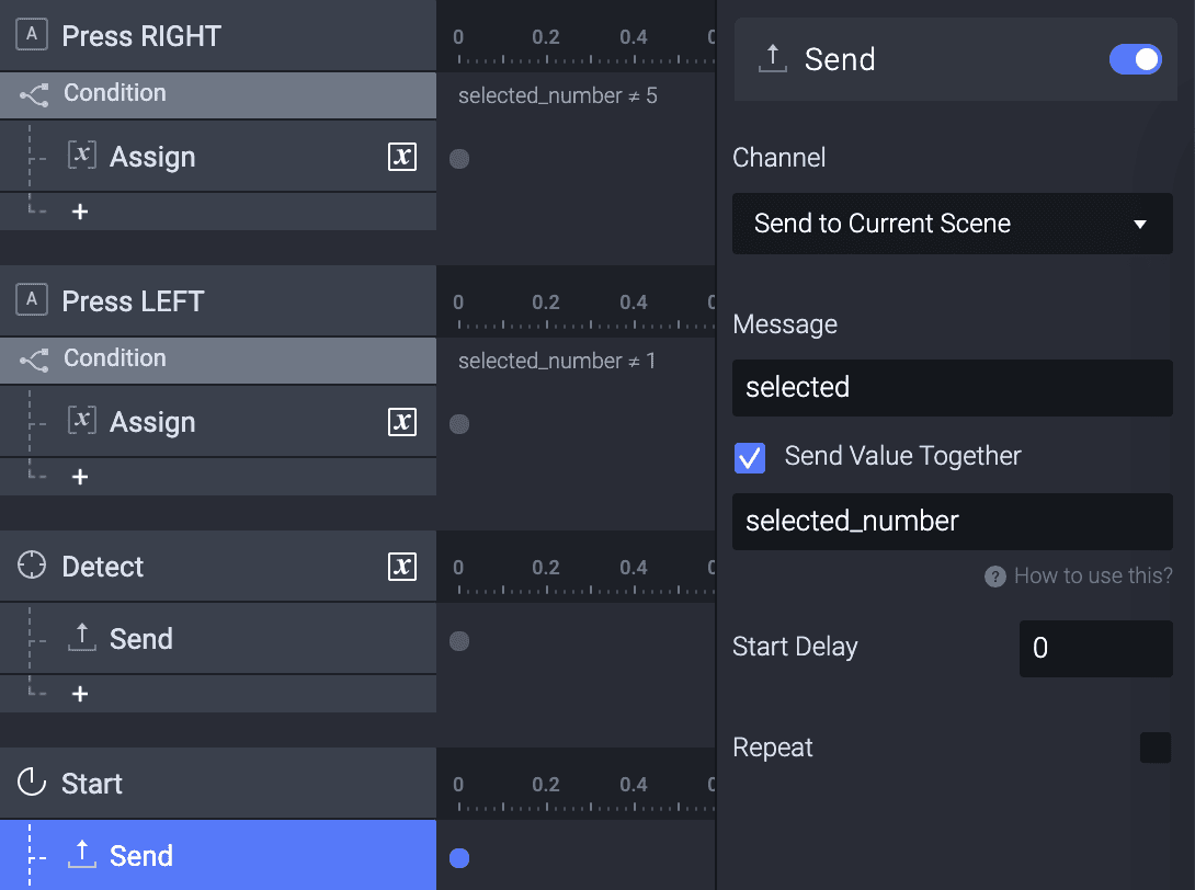 In the main scene, add a Start trigger
