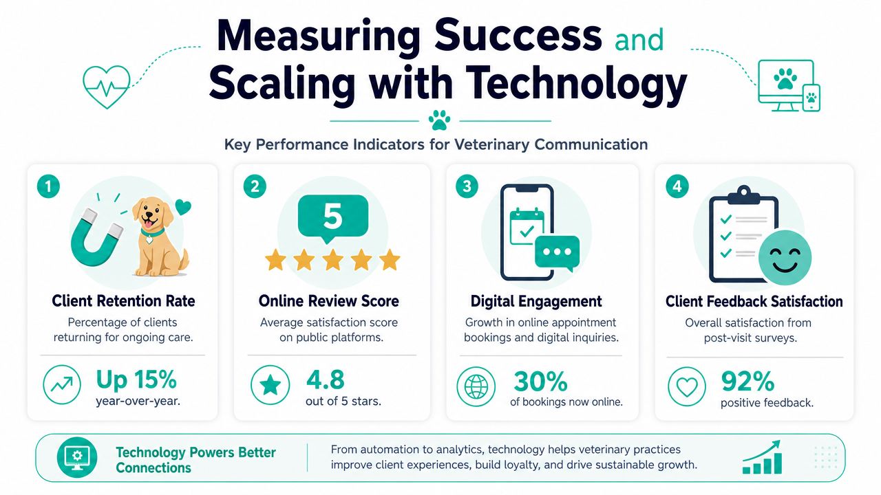 An infographic titled Measuring Success and Scaling with Technology detailing four key performance indicators for veterinary client communication.