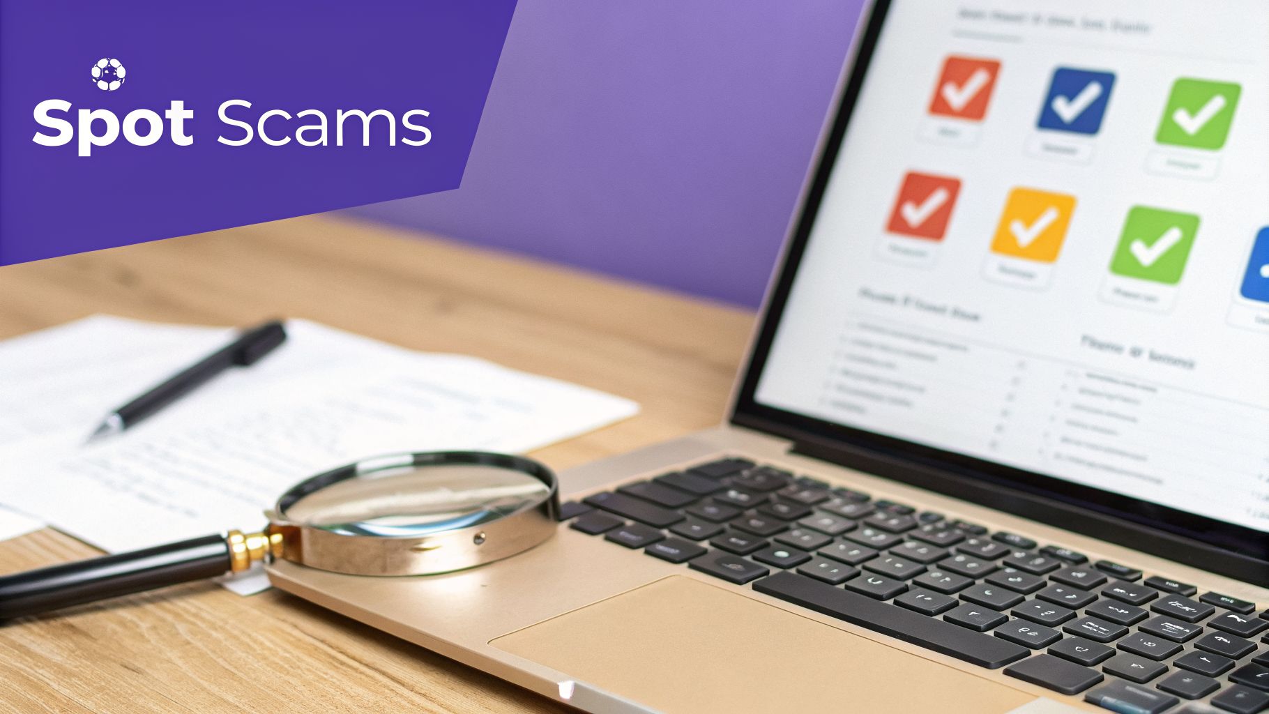 Laptop screen shows completed tasks with checkmarks, a magnifying glass, and 'Spot Scams' text, suggesting online survey investigation.