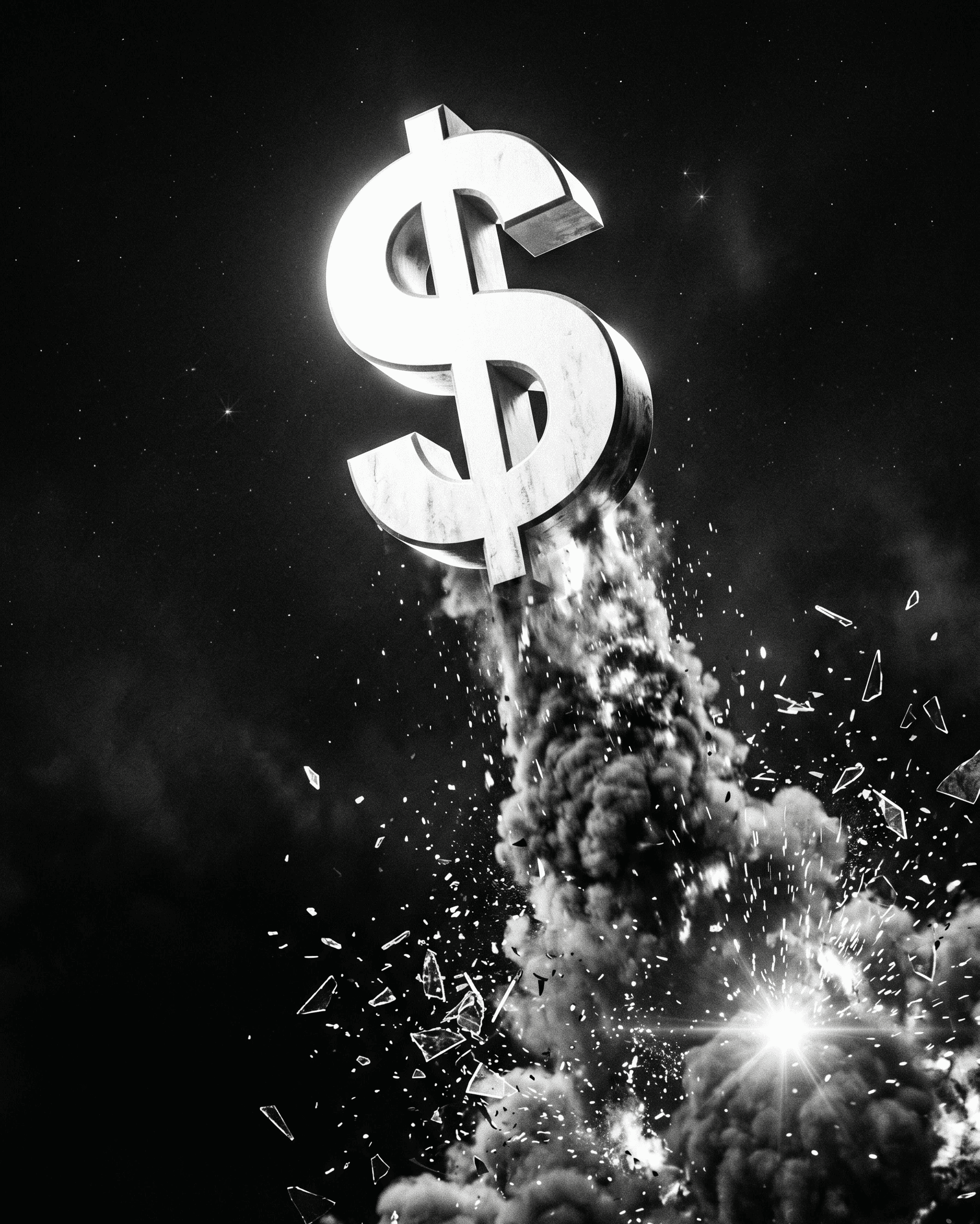 A dramatic, low-angle B&W photograph of a massive 3D dollar sign sculpture launching like a powerful rocket. The sculpture is propelled upward by a violent plume of smoke, sparks, and shattered glass, against a dark, star-dotted sky. The image is high-contrast and poster-like.