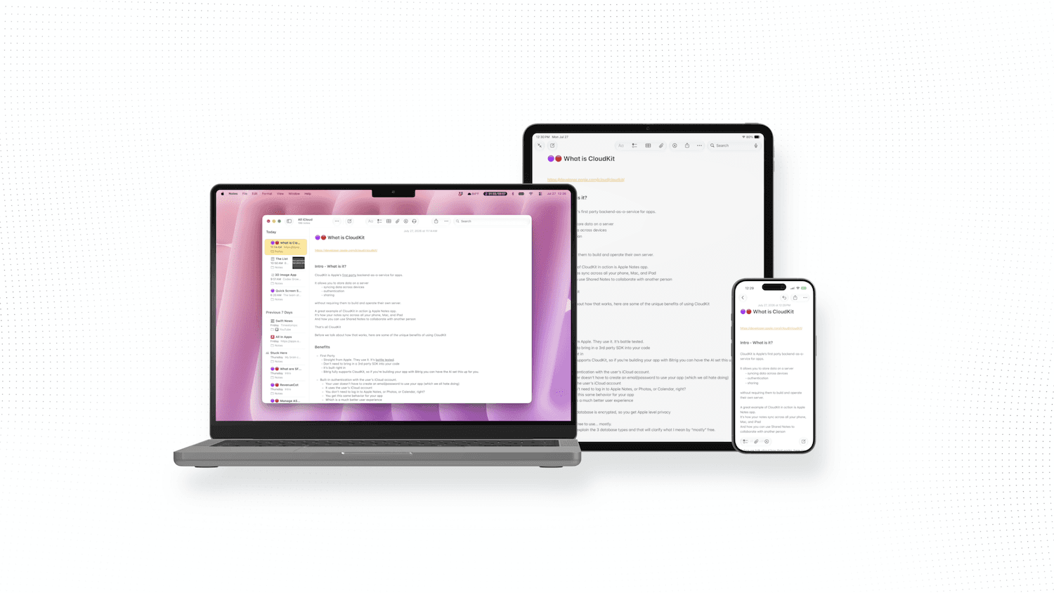 MacBook Pro, iPad, and iPhone all showing the same synced Apple Note