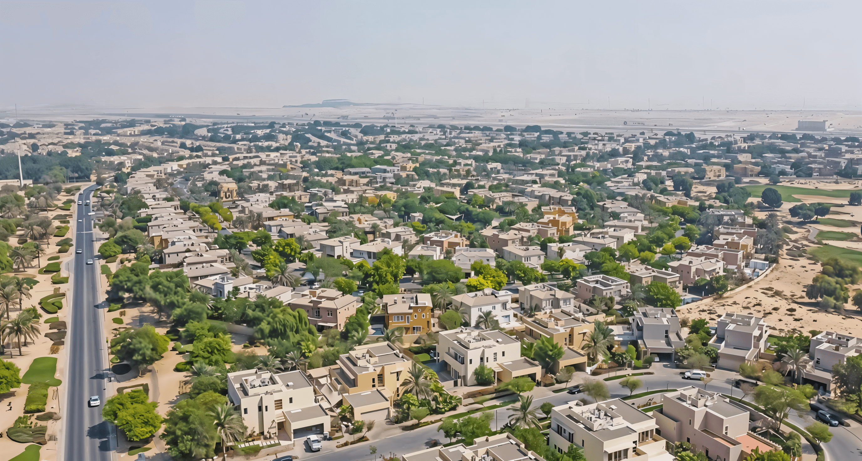 Aerial view of Arabian Ranches, a residential area in Dubai, showcasing homes and green spaces.