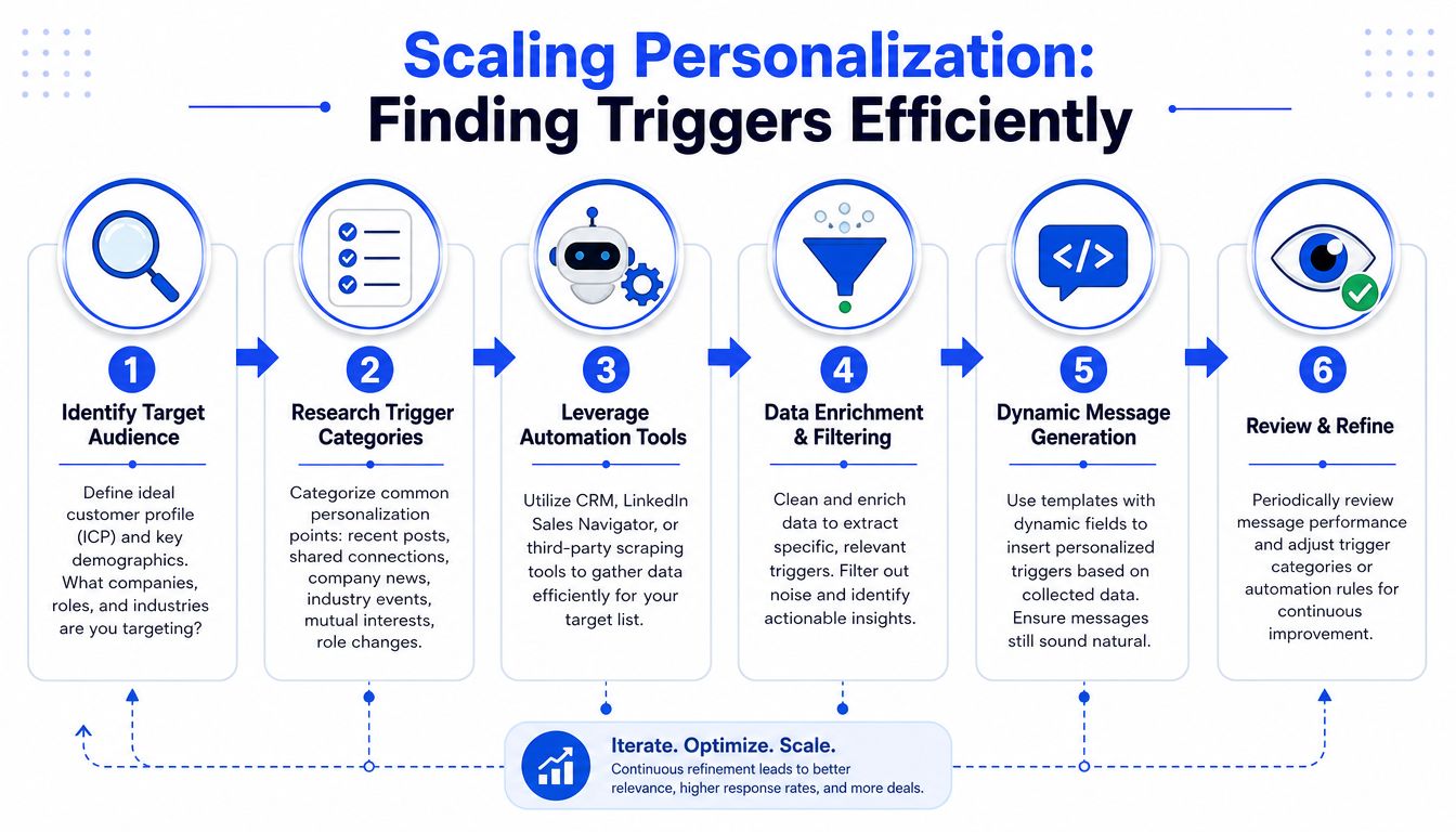 A six-step infographic illustrating a process for scaling personalization and finding triggers for LinkedIn sales outreach.