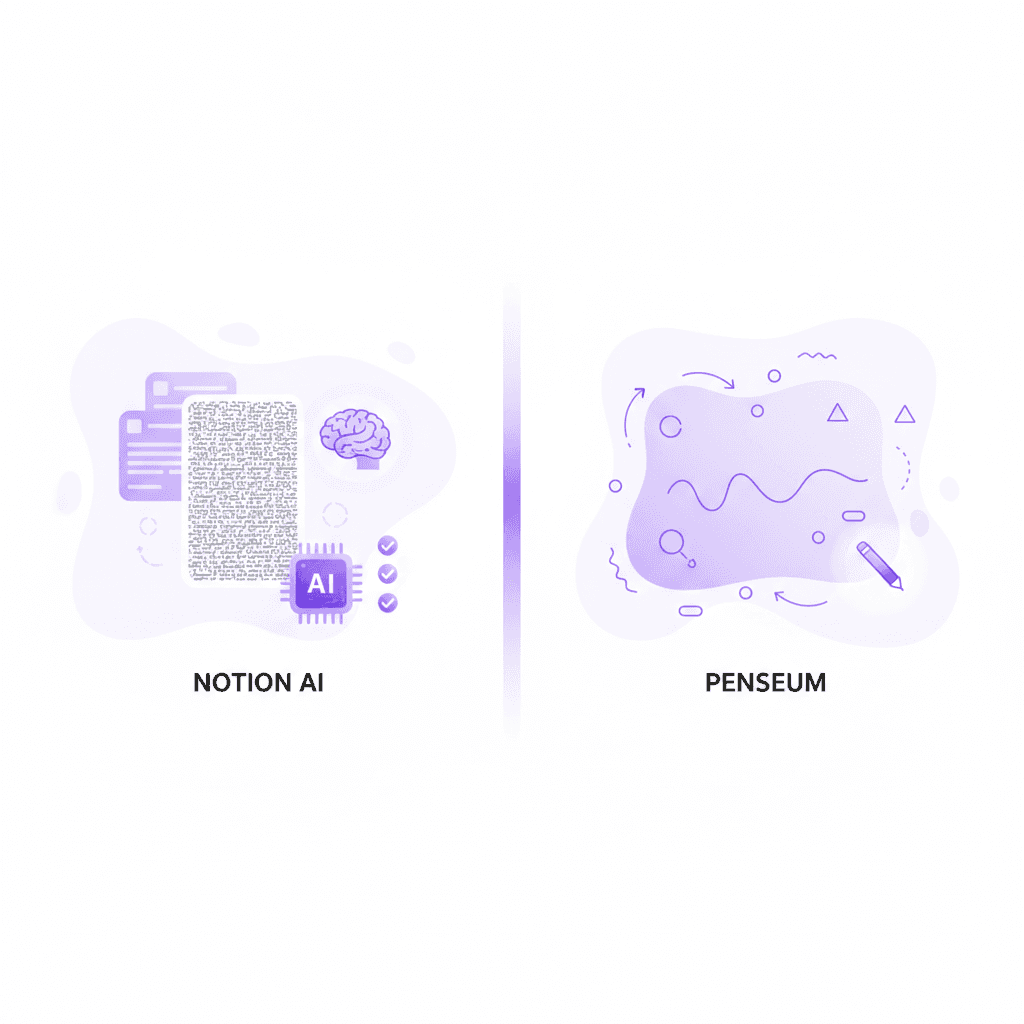 Comparison of Notion AI text generation with Penseum interactive study canvas