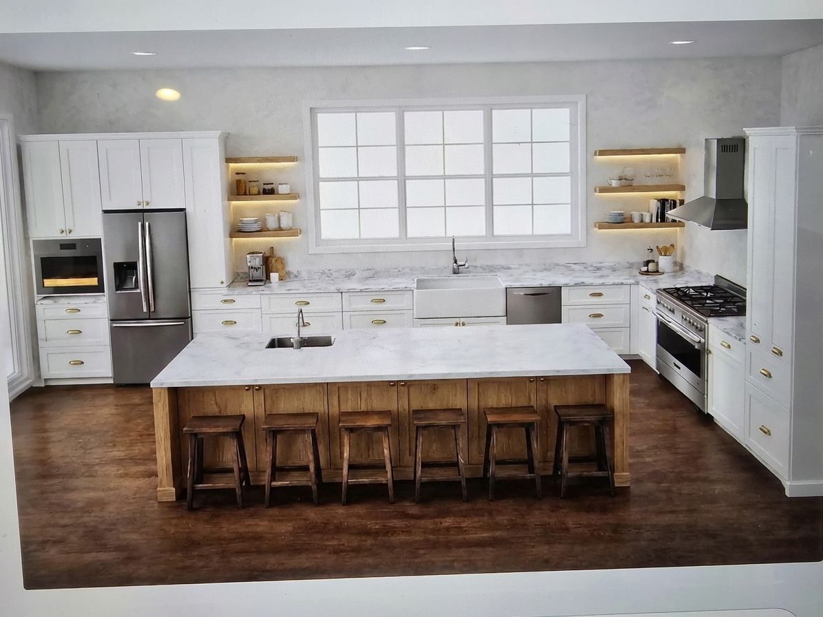 Warm minimalist kitchen with limewash walls, raw oak island, and lit floating shelves