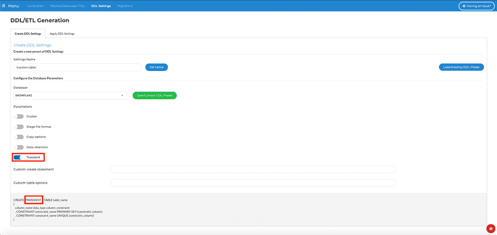 Create DDL settings