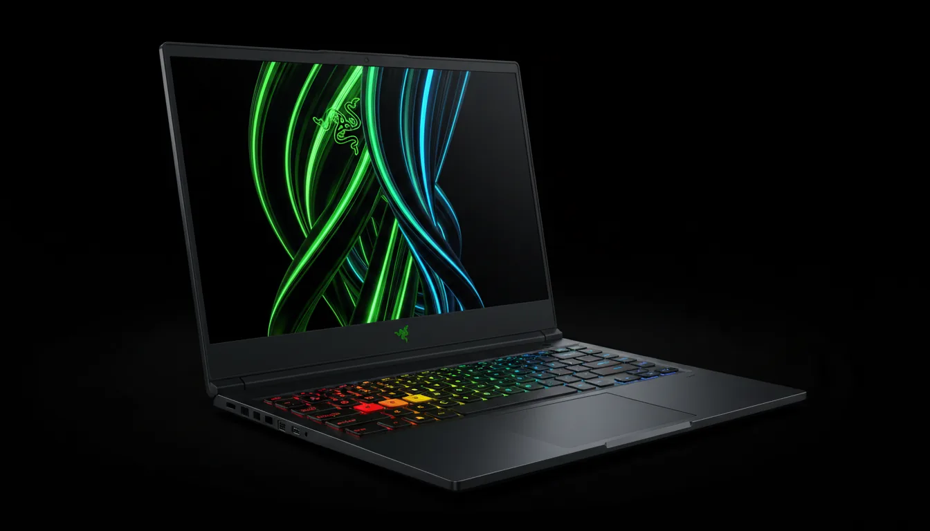 DSLR product photography of a sleek, matte black Razer Blade laptop, positioned at a three-quarter angle against a seamless, solid black background. Soft studio lighting highlights the laptop's sharp contours and metallic texture. The screen is on, displaying a vibrant abstract wallpaper of cascading, glowing light streaks in green, cyan, and blue. The keyboard features per-key RGB backlighting with a colorful gradient. The entire product is in sharp focus, creating a premium, high-contrast image.